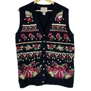 Vintage Heirloom Collectibles Sweater Vest Womens 14/16 Black Holiday Christmas